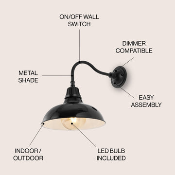 Aurora 12.25" Farmhouse Industrial Indoor/Outdoor Iron LED Gooseneck Arm Outdoor Sconce - JONATHAN Y